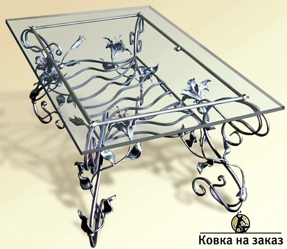 Дизайнерский кованый стол с лилиями и стеклянной столешницей, фото 1
