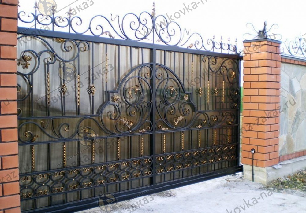 Кованые откатные ворота с имитацией створок распашных ворот, фото 1