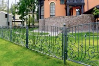Невысокий кованый забор для&nbsp;загородного дома с&nbsp;декоративными цветами и&nbsp;листьями из&nbsp;металла, фото 2