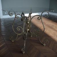 Дизайн стола с кованым подстольем на четырех витых ножках и круглой стеклянной столешницей, фото 2