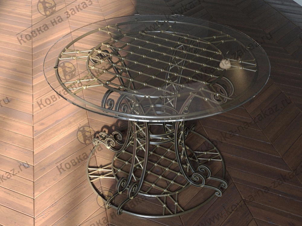 Круглый кованый стол со столешницей из стекла на четырёх сдвоенных кованых ножках, фото 1