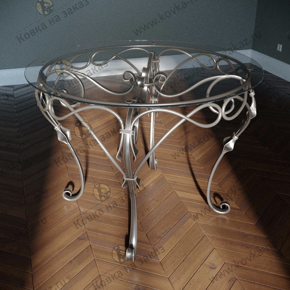 Проект кованого столика с&nbsp;круглой стеклянной столешницей на&nbsp;ножках из&nbsp;кованой полосы