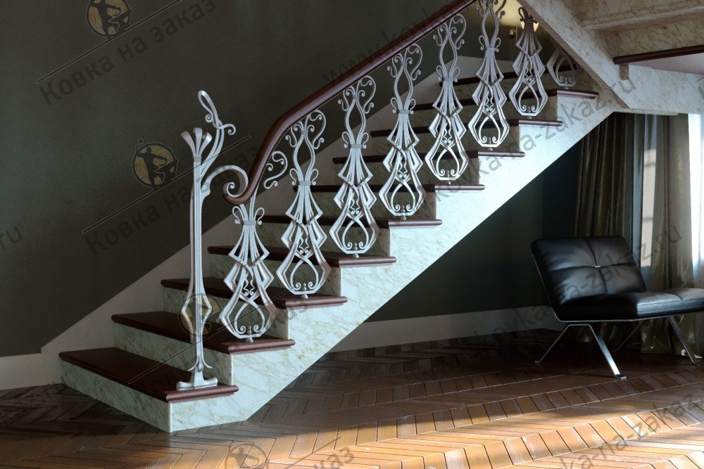 Перила на&nbsp;лестницу в&nbsp;стиле модерн с&nbsp;ярко выраженным пригласительным столбом