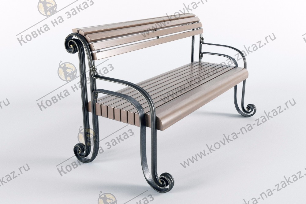 Варианты кованых скамеек для приусадебного участка с воздушными подлокотниками и дизайнерским сиденьем и спинкой, фото 1