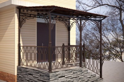 Дизайн-проект оформления входной группы для&nbsp;загородного дома из&nbsp;кованых перил и&nbsp;большого навеса над&nbsp;террасой, фото 3
