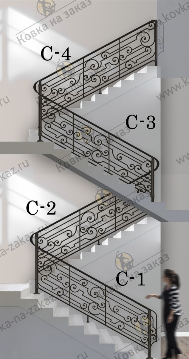 Кованые перила для лестницы в КП Ивушкино, дизайн и эскизы, фото 2