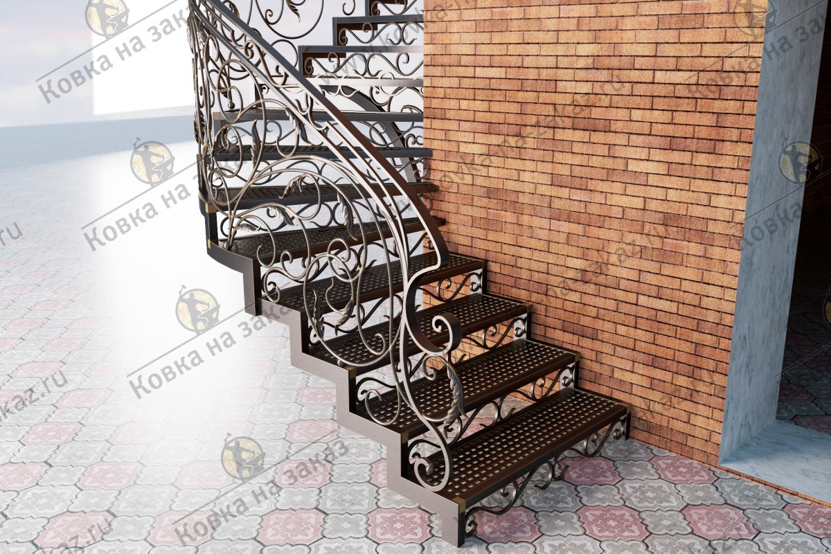 Дизайн-проект металлической лестницы с&nbsp;коваными перилами и&nbsp;подступёнками, фото 1